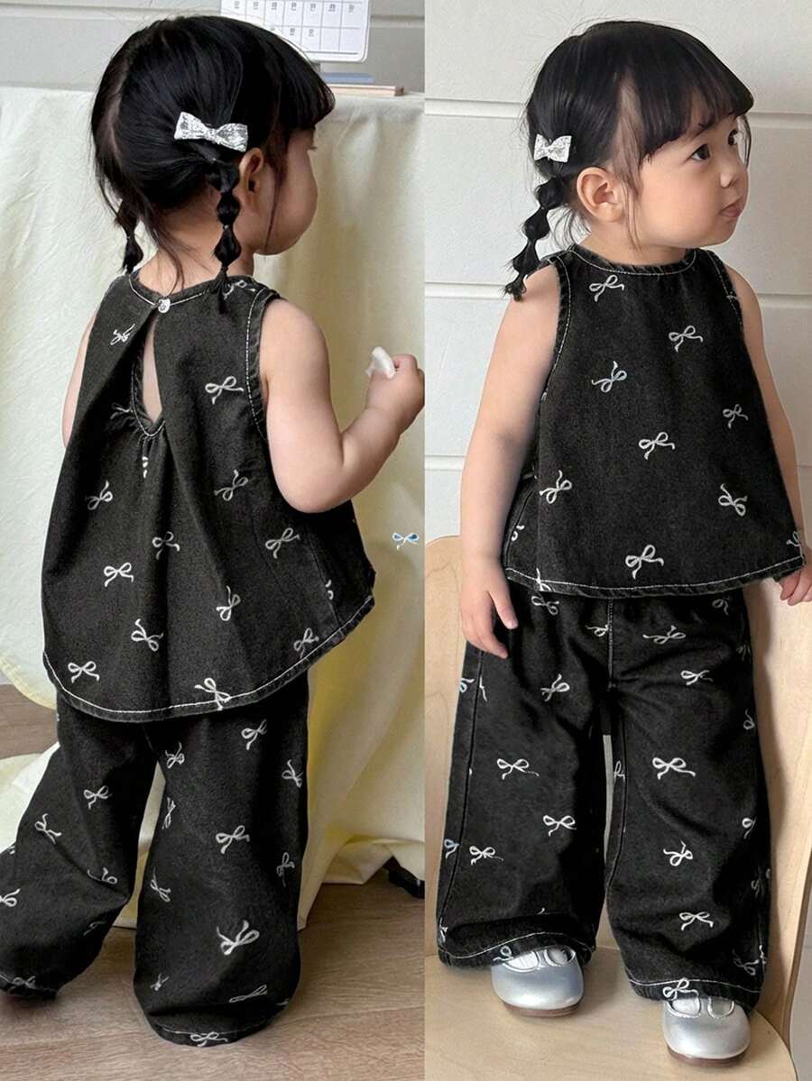 SHEIN 2件套女婴蝴蝶结装饰黑色牛仔宽松背心和裤子套装 - 黑色 - 查看 1