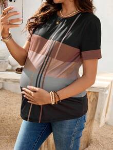 SHEIN 孕妇度假休闲夏季女式休闲T恤，撞色条纹印花圆领短袖T恤 - 彩色 - 查看 2