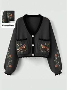 ROMWE Fairycore Casual Embroidered Contrast Trim Lantern Sleeve Cardigan, Autumn/Winter - Grey - View 4