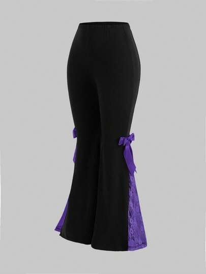 Kawaii Pantaloni a zampa di donna taglie forti con inserti in pizzo e fiocco