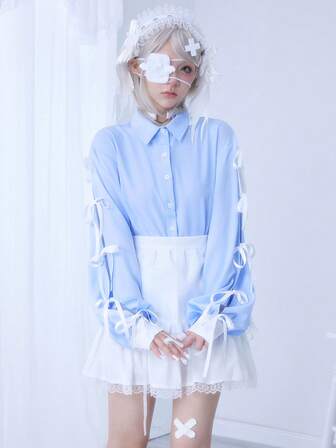 Süßes Kawaii Schleifen-Dekor gestreiftes Damen Langarmshirt