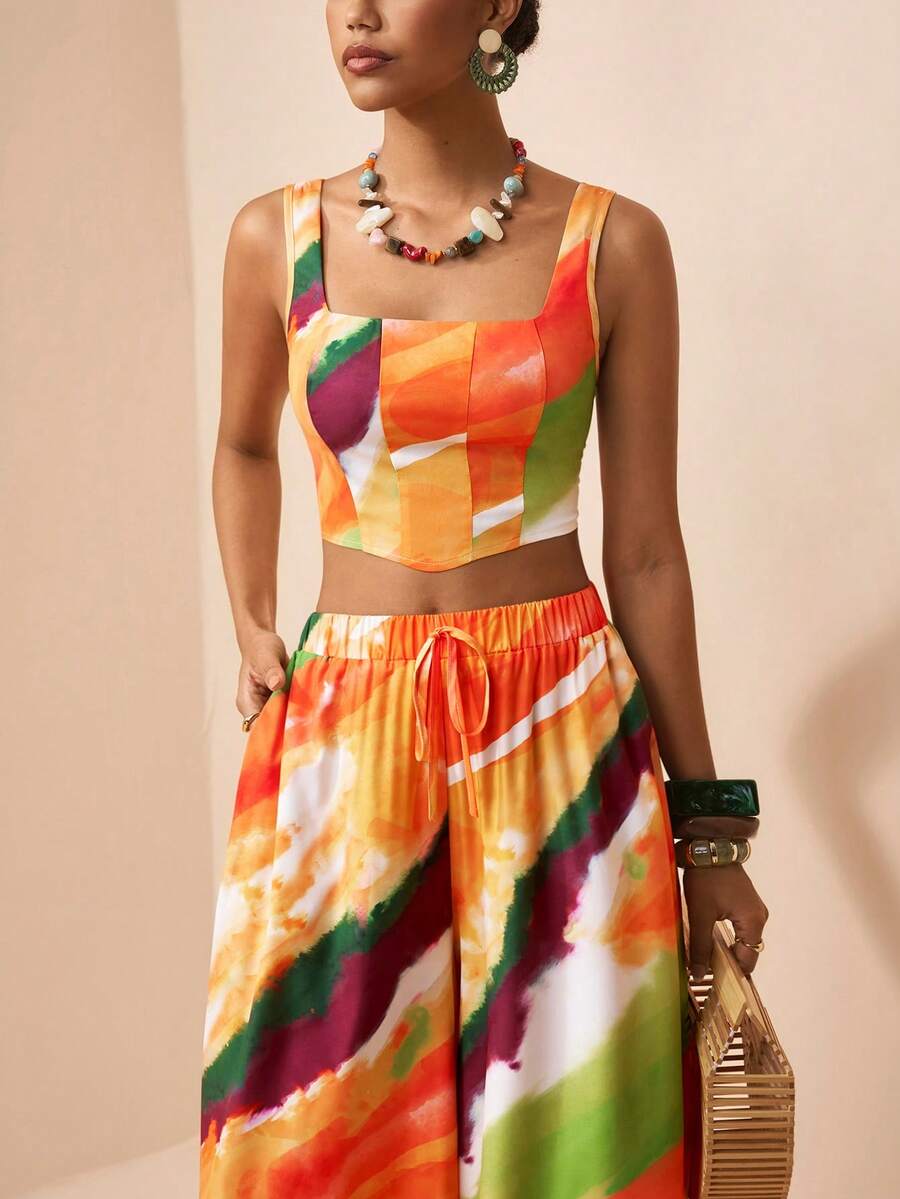 Zivah 2026春夏新款音乐节扎染露脐修身背心和阔腿裤