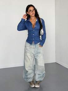 StreetHx Áo cánh tay dài thắt nơ thắt eo sọc xanh trắng cổ điển Y2K dành cho nữ, phong cách đường phố - Màu xanh lam - Xem 3