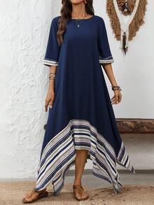 EMERY ROSE Damen gestreiftes Patchwork Rundhals Kurzarm Lässig Loose Kleid - marineblau - View 8