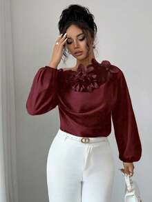 Elenzga 女士优雅3D立体花卉斜肩长袖衬衫 - 酒紅色 - 查看 5