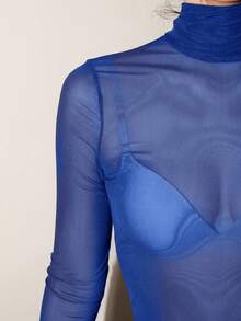 Bris Aura Áo len cổ cao phong cách Stockholm dành cho giáo viên mùa thu dành cho nữ, thanh lịch mùa thu/đông, áo lưới dài tay, áo cơ bản thường ngày công sở - Màu xanh lam - Xem 3