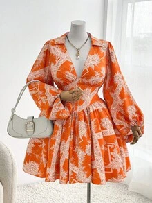 Sweetra 大码女式碎花印花收腰长袖优雅休闲度假衬衫裙 - 橘色 - 查看 4