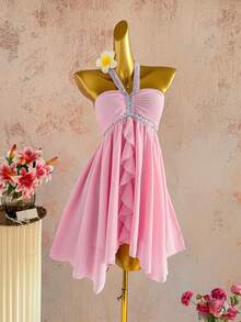 Elamini Women's Elegant Casual Everyday Versatile Party Sequin Ribbon Tie Neck Asymmetrical Hem Pink Short Dress, Spring/Summer - Pink - View 6