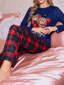 可爱卡通熊格子图案女士睡衣套装 - 彩色 - 查看 3