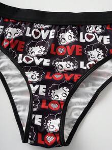 Betty Boop x SHEIN Bộ đồ nữ thoải mái, mềm mại, in hình hoạt hình gồm áo hai dây và quần lót. - màu đen - Xem 7