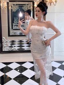 DAZY Women's Sequin Mesh Sleeveless Slit Dress, Elegant - White - View 3