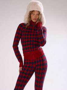 MUSERA Argyle Cross Knitted High Zip Neck Fitted Jumper Top Only Autumn Fall Winter Ski Vacation  Lounge Holidays Apres-Ski Aspen New Year Thanksgiving - Red - View 7