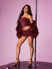 CUCCOO LuxiPop 女士方头厚底高跟凉鞋，时尚简约设计，适合外出、夜店、派对、万圣节、圣诞节、新年等场合。 - 極光酒紅色 - 查看 2