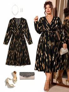 Cravure Plus Size Women V-Neck Versatile Fashion Slim Fit Dress, Suitable For Daily Commute, Party, Autumn/Winter