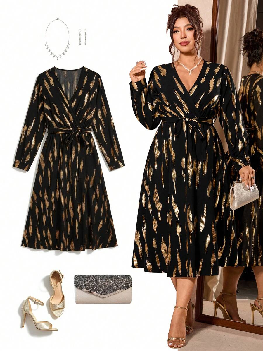 Cravure Plus Size Women V-Neck Versatile Fashion Slim Fit Dress, Suitable For Daily Commute, Party, Autumn/Winter