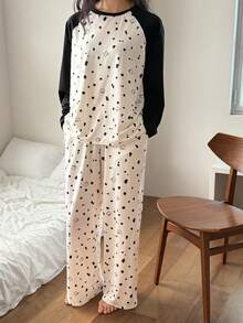 DAZY Cartoon Polka Dot Patchwork Contrast Color Raglan Sleeve Women Pajama Set - White - View 4