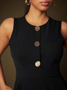 Vixey Solid Black Button Up Sleeveless Pleated Wide Leg Jumpsuit - Black - View 4