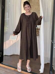 Dazy Plus 时尚格子圆领系带喇叭袖宽松A字长款睡裙 - 棕色 - 查看 5