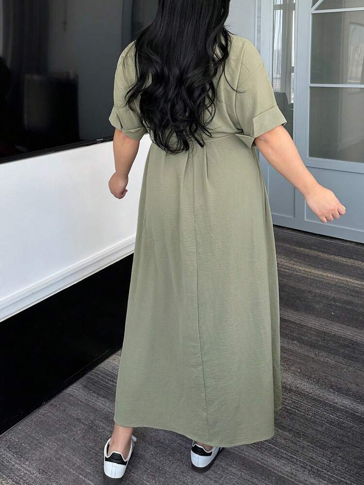 Dazy Plus Solid Color Casual Shirt Collar Short Sleeve Loose Straight Fit Plus Size Women Drawstring Waist A-Line Dress Sundress