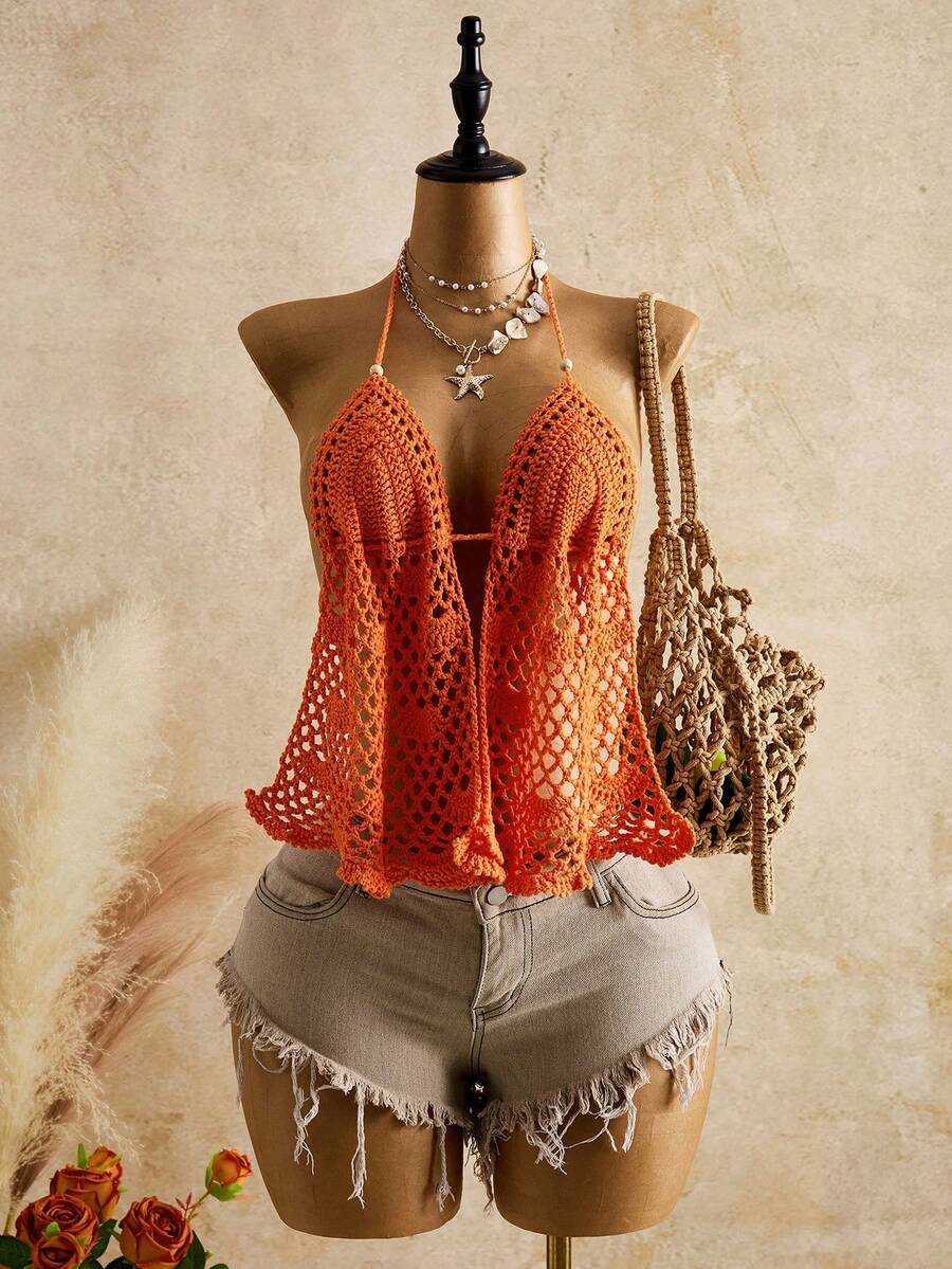 Bellisia Áo khoác ngoài mùa hè dành cho nữ, màu cam, phong cách Bohemian, đính cườm, cổ yếm. - trái cam - Xem 1
