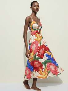 CAJUNI Vestido maxi de mujer casual de vacaciones con estampado floral tropical rojo y beige, sin mangas, con escote halter y hombros descubiertos, vestido de cita, vestido maxi elegante - Multicolor - Ver 5