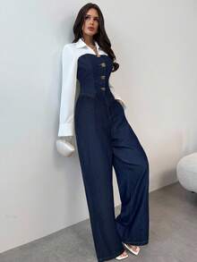 Firerie 女士时尚通勤撞色拼接衬衫牛仔裤套装，春夏情人节狂欢节服装，通勤度假毕业季时尚Y2K可爱街头风派对婚礼优雅商务休闲女装，时尚牛仔束身拼接衬衫搭配长袖翻领阔腿牛仔裤，时尚两件套 - 藍色 - 查看 3