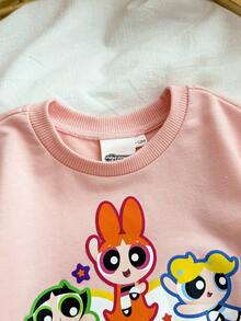 THE POWERPUFF GIRLS X SHEIN 女婴休闲日常通勤可爱卡通爱心标语印花宽松圆领卫衣和喇叭裤套装，春秋季