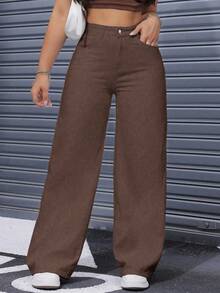 SHEIN ICON Denim Lavados de Cintura Alta e Perna Larga Casual Plus Size - Café - Visão 7