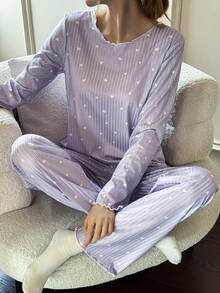 Dream Adore Heart Textured Casual Thermal Long Sleeve & Pants Women Pajama Set - Purple - View 4