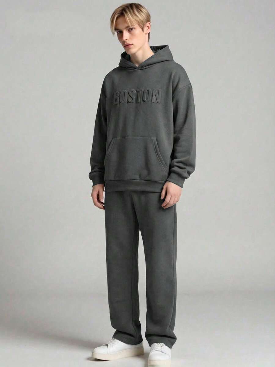 Vacaura 2pcs/Set Teenage Boys Casual Basic Letter Embossed Hoodie Sweatshirt And Relaxed Fit Sweatpants Set, Simple And Refined, Suitable For Autumn Wear Or Layering With Jackets In Winter - Dark Grey - View 1