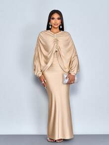 SOLERSUN Women's Autumn/Winter Solid Color Elegant And Romantic New Elegant Mature Charm Evening Gown, Dignified & Gentle,Button Decor Long Sleeve Graceful Mermaid Hem Bodycon Maxi Dress Fall Winter Cloth For Women Elegant Wear Party Wedding Vintage New Years - Khaki - View 7