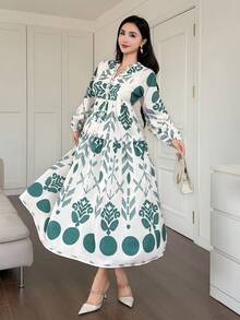 DAZY 女士休闲印花长款衬衫裙，秋冬季 - 綠色 - 查看 5