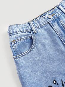 SHEIN Girlism Quần jeans ống rộng màu xanh nhạt dáng suông dành cho thiếu nữ, họa tiết graffiti hình trái tim, hoa, bướm và chữ cái. - Rửa nhẹ - Xem 3