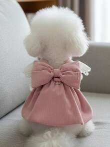 PETSIN 宠物服装：可爱宠物连衣裙，带牵引绳环，秋冬季灯芯绒南瓜裙，适合猫狗，时尚蕾丝袖狗狗服装，适合泰迪犬和比熊犬等小型犬的时尚宠物服装 - 粉色 - 查看 1