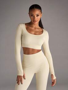 SHEIN BAE Women's Solid Color Minimalist Daily Long Sleeve Top And Pants Seamless High Stretch Sports Set - Beige - View 8