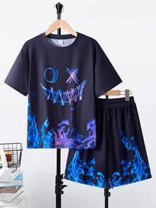SHEIN Bộ đồ 2 món cho bé trai/thiếu niên, kiểu dáng thường ngày, thoải mái, in họa tiết, gồm áo thun cổ tròn tay ngắn và quần short. - màu đen - Xem 3