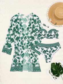 Swim Vcay 三件套：印花细肩带聚拢钢圈比基尼泳衣 + 印花长袖罩衫 - 綠色 - 查看 4