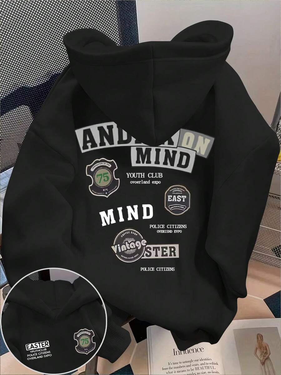 Glimmora 男士休闲字母印花连帽卫衣，秋冬款 - 黑色 - 查看 1