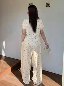 Dazy Plus 大码女式可爱蝴蝶结印花宽松短袖上衣和直筒裤睡衣套装，春、夏、秋季时尚睡衣 - 杏色 - 查看 7