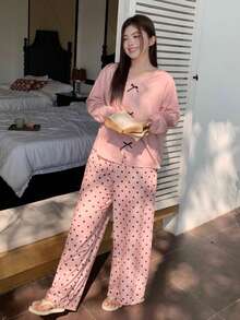 Dazy Plus 大码女式可爱波点睡衣套装，蝴蝶结装饰，长袖上衣和长裤，适合春、夏、秋季穿着的休闲睡衣 - 粉色 - 查看 6