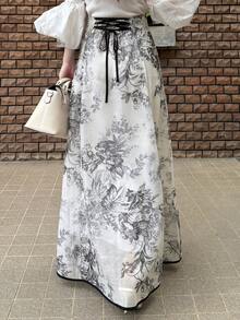 FRIFUL 女士印花交叉蝴蝶结系带A字宽松半身裙，适合夏季度假 - 黑色 - 查看 6