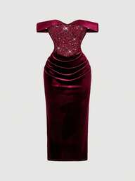 SHEIN MOD Robe en velours rouge à épaules dénudées avec broderie de sequins pour femmes grandes tailles, style royal luxueux, Y2K, parfaite pour un rendez-vous, une fête, un événement royal, un festival et un anniversaire