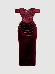 SHEIN MOD 大码女式红色露肩丝绒连衣裙，饰有亮片刺绣，尽显奢华皇家风范，Y2K风格，完美适用于约会之夜、派对、皇家庆典、节日及生日装扮。 - 酒紅色 - 查看 6