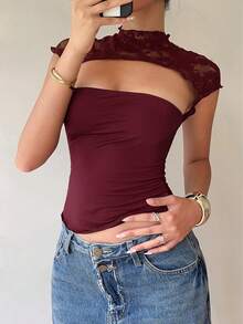 Siren Gaze Women's Lace Patchwork Stand Collar Cutout Design Fashion T-Shirt, Summer Valentine's Day Casual Red Lacey Top Women Sexy Tops - Burgundy - View 2