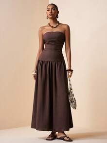 Zivah 女士纯色褶皱优雅收腰长款派对连衣裙 - 咖啡棕 - 查看 6