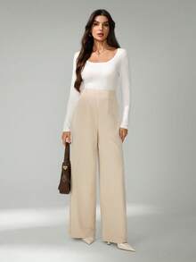 SHEIN Tall 高个女式休闲高腰阔腿裤，面料纹理，适合返校和通勤穿着。 - 杏色 - 查看 7