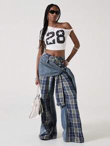 ROMWE J-Fashion Quần jean denim nữ phong cách retro punk đường phố, phối nhiều mảnh vải, buộc dây. - Màu xanh lam - Xem 3