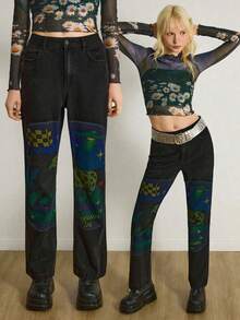 Y2Kool Maria Clara Maia Women's Black & Yellow Checkered, Horse, Zebra, Spaceship Print Slim Fit Straight Leg Y2K Sexy Casual Jeans Pants Printed Jeans Graphic Jeans Jeans With Designs Baggy Jeans Y2k Cowboy Pants For Women Springs Women Birthday For Women Carnival,Valentine's Day - Black - View 3