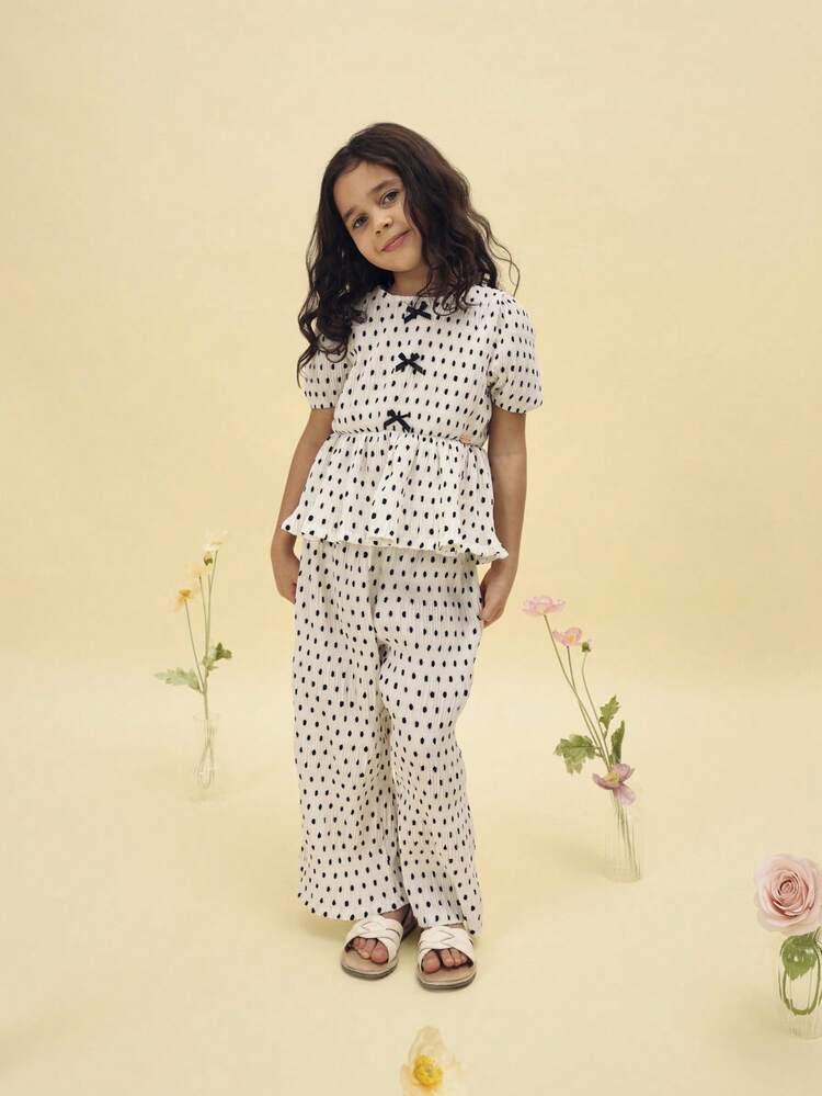 Polka Dot Top And Wide Leg Pants Set With Bow Details