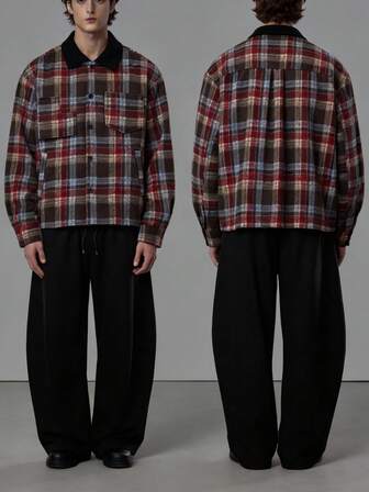 Street Life Abrigo informal de hombre con cuello de solapa, parches y bolsillos, con estampado de cuadros